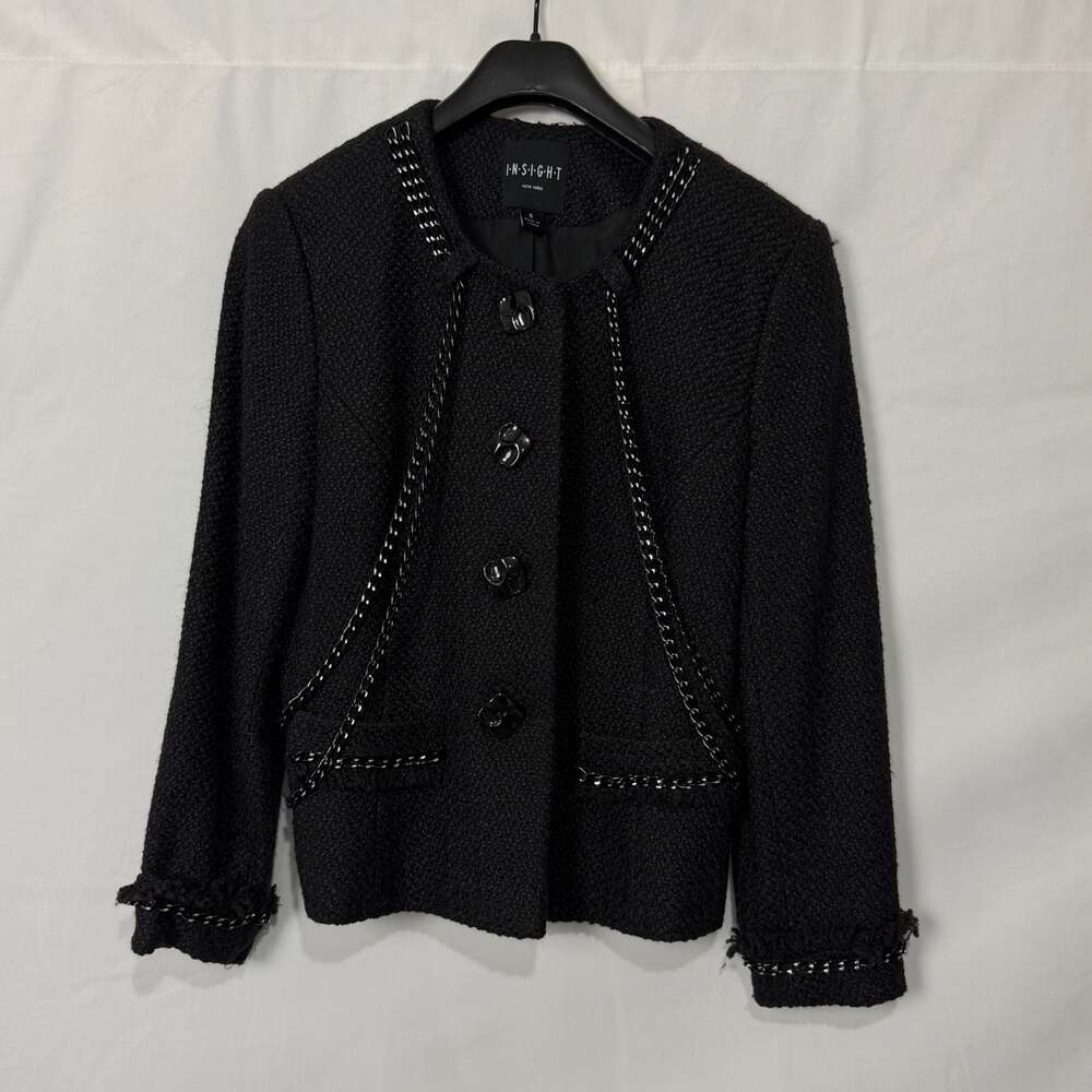 Insight New York Womens Sz 6 Black Tweed Blazer Jacket Metal Chain Trim Moto